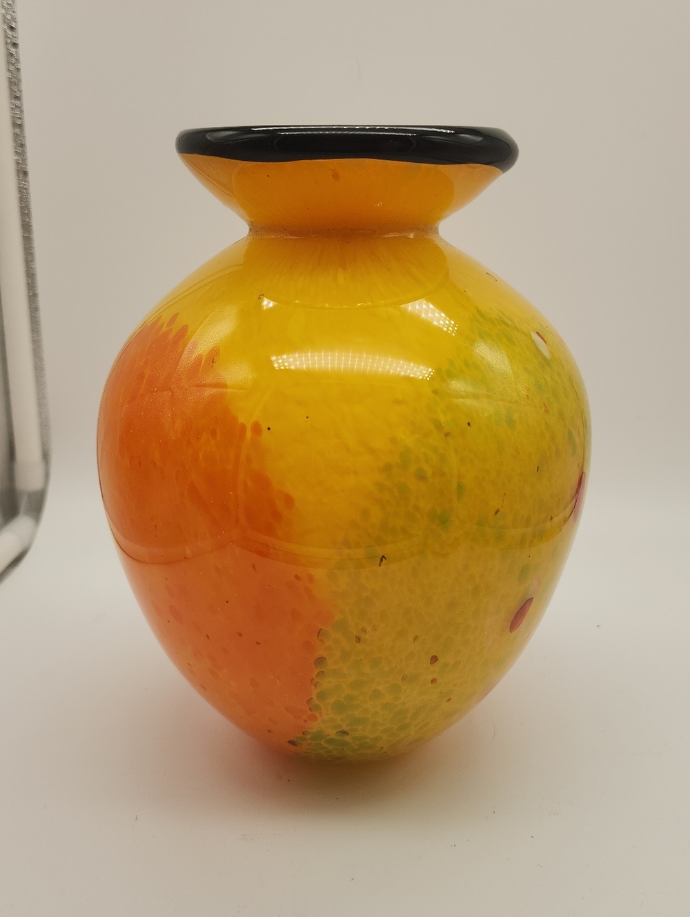 Fifth Avenue Crystal Hand Blown Yellow  Art Glass Vase Green Orange Red 8"